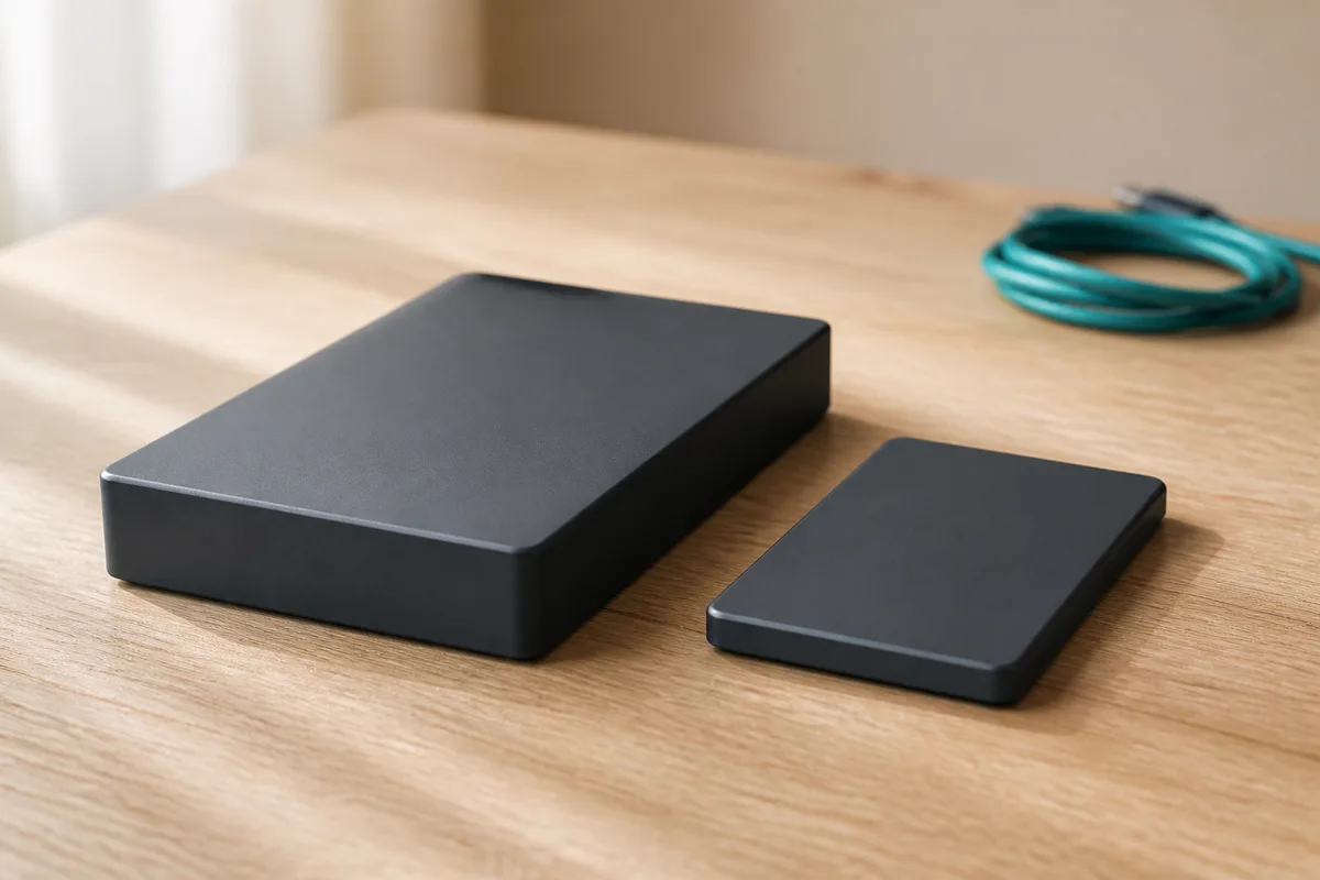 Disque dur externe posé sur un bureau près d'un ordinateur portable