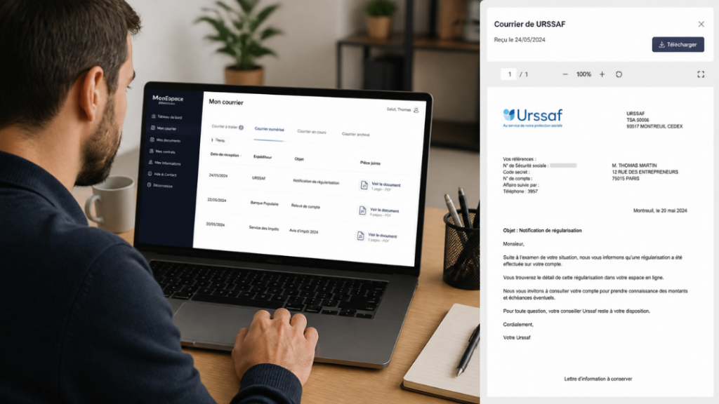 Entrepreneur consultant son courrier numérisé dans son espace de domiciliation en ligne