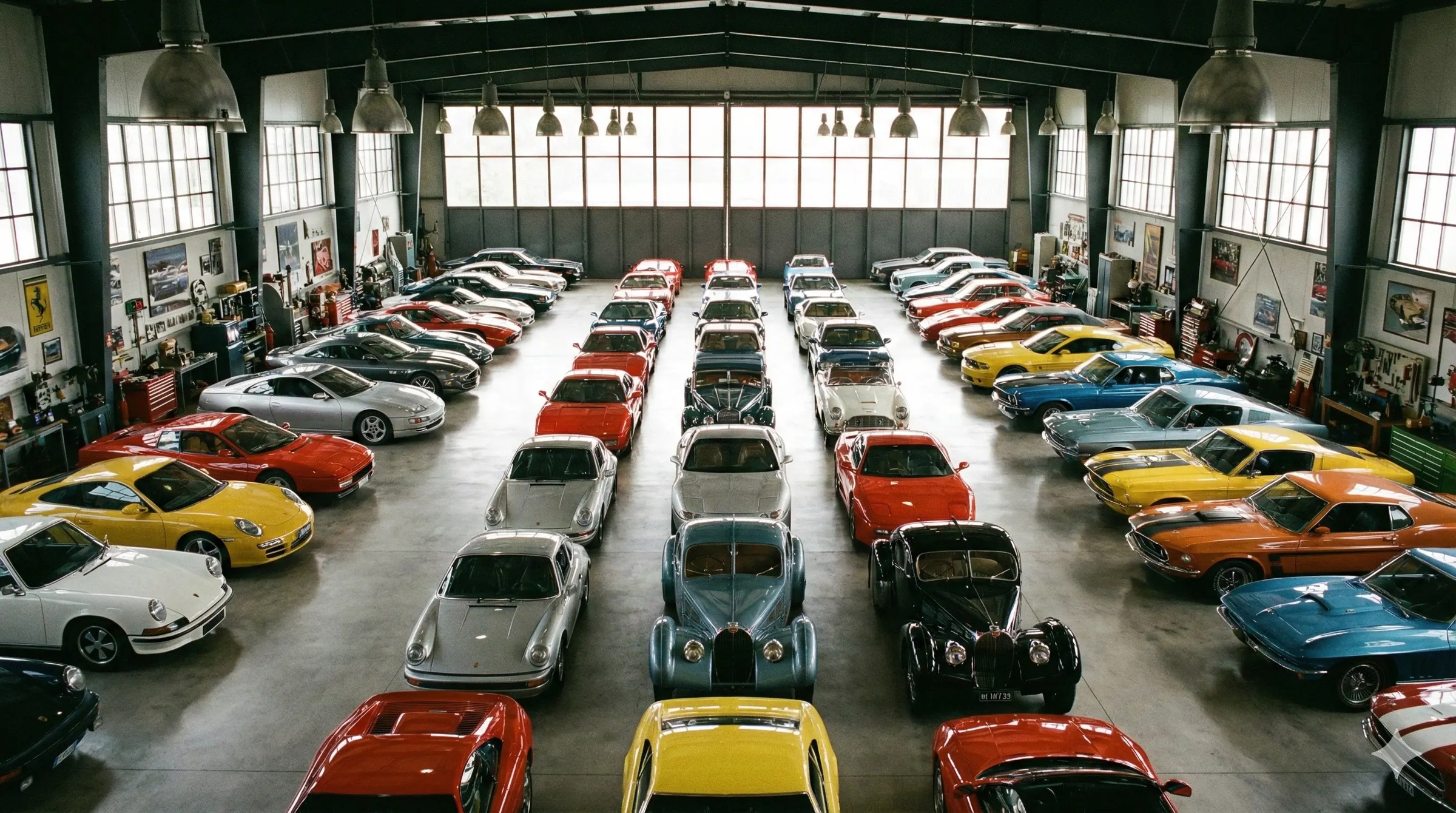 Voiture ancienne soigneusement entretenue devant un garage